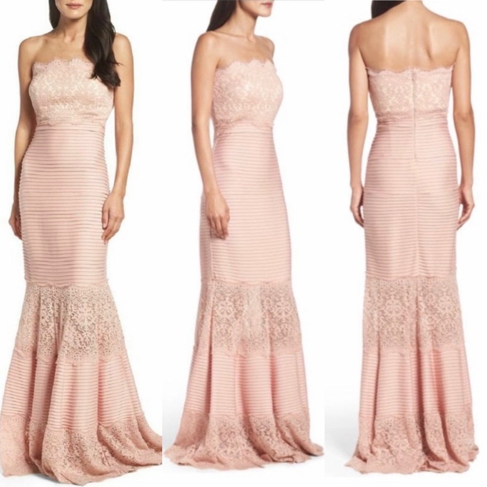 Tadashi Shoji PIN-TUCK and LACE JERSEY GOWN WITH REMOVABLE STRAPS SIZE XS